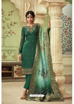 Dark Green Designer Satin Georgette Straight Salwar Suit