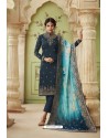 Teal Blue Designer Satin Georgette Straight Salwar Suit