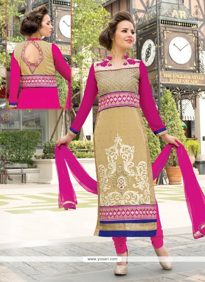 Immaculate Lace Work Beige Georgette Churidar Salwar Suit