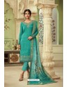 Turquoise Designer Satin Georgette Straight Salwar Suit