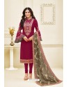 Medium Violet Heavy Embroidered Designer Party Wear Satin Georgette Churidar Salwar Suit