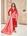Red Embroidered Designer Party Wear Pure Cotton Jam Silk Churidar Salwar Suit