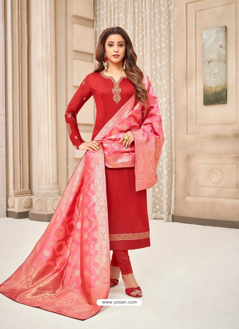 Buy Red Embroidered Designer Party Wear Pure Cotton Jam Silk