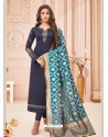 Navy Blue Embroidered Designer Party Wear Pure Cotton Jam Silk Churidar Salwar Suit