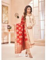 Light Beige Embroidered Designer Party Wear Pure Cotton Jam Silk Churidar Salwar Suit