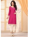 Riveting Lace Work Hot Pink Jute Silk Churidar Salwar Kameez