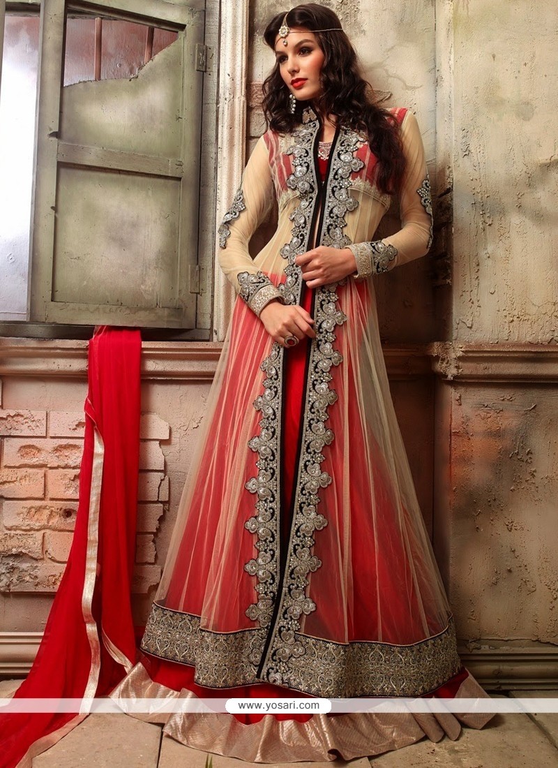 Delightful Red And Cream Net Georgette Anarkali Suits
