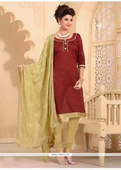 Subtle Maroon Lace Work Banarasi Silk Churidar Salwar Kameez