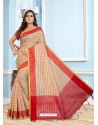 Red Casual Designer Printed Cotton Sari