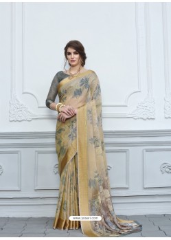 Beige Casual Designer Printed Chiffon Sari