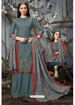 Grey Designer Wear Pure Pashmina Jacquard Palazzo Salwar Suit