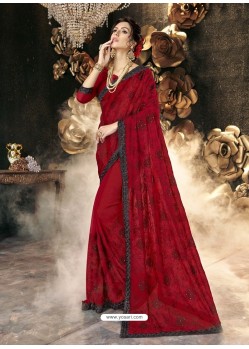 Red Party Wear Designer Georgette Embroidered Sari