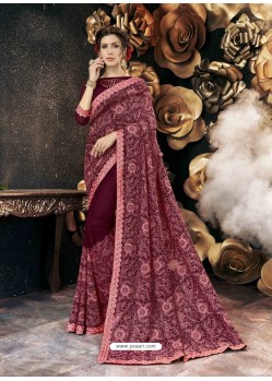 Deep Wine Party Wear Designer Georgette Embroidered Sari