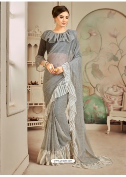 Silver Designer Casual Wear Printed Sari