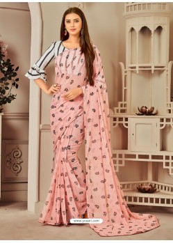 Baby Pink Designer Casual Wear Printed Sari