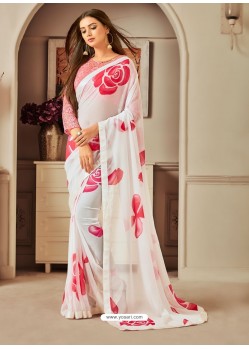 White Designer Casual Wear Printed Sari