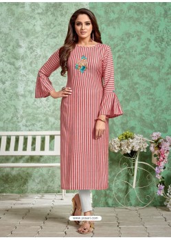 Light Red Designer Embroidered Party Wear Rayon Kurti
