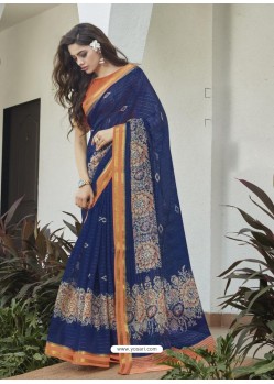 Dark Blue Casual Wear Designer Cotton Sari