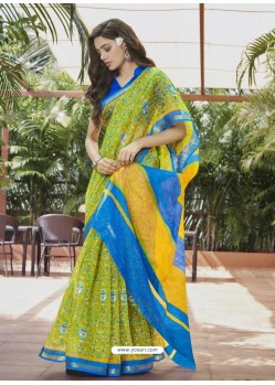 Parrot Green Casual Wear Designer Cotton Sari