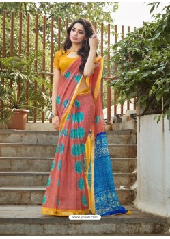 Peach Casual Wear Designer Cotton Sari