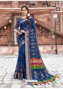 Dark Blue Casual Wear Designer Cotton Sari