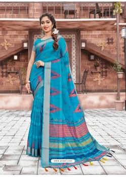 Blue Casual Wear Designer Cotton Sari