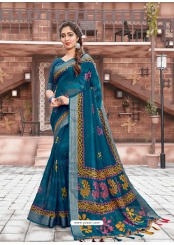 Peacock Blue Casual Wear Designer Cotton Sari