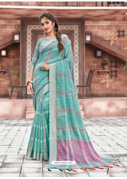 Sky Blue Casual Wear Designer Cotton Sari