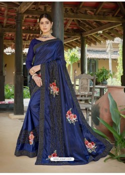 Dark Blue Latest Designer Casual Wear Fancy Fabric Sari