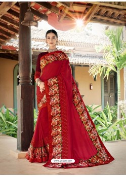 Red Latest Designer Casual Wear Fancy Fabric Sari