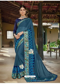 Teal Latest Designer Casual Wear Fancy Fabric Sari