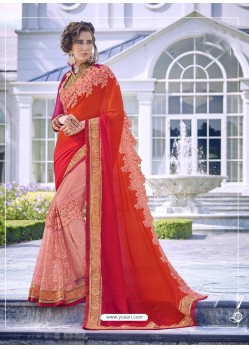 Red Party Wear Designer Embroidered Fancy Fabric Sari