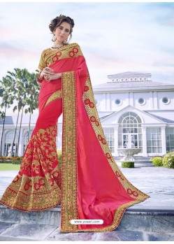 Dark Peach Party Wear Designer Embroidered Fancy Fabric Sari