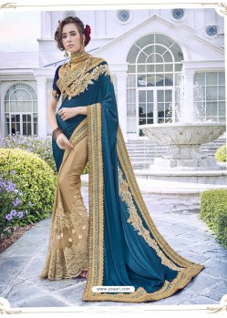 Teal Blue Party Wear Designer Embroidered Fancy Fabric Sari