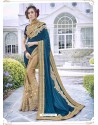 Teal Blue Party Wear Designer Embroidered Fancy Fabric Sari