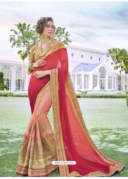 Peach Party Wear Designer Embroidered Fancy Fabric Sari