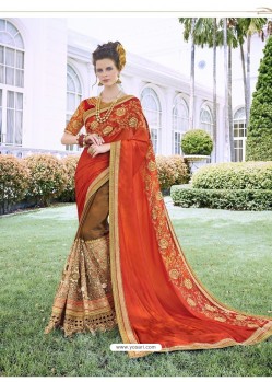 Brown Party Wear Designer Embroidered Fancy Fabric Sari