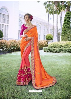 Orange Party Wear Designer Embroidered Fancy Fabric Sari