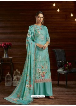 Turquoise Designer Casual Wear Pure Pashmina Jacquard Palazzo Salwar Suit