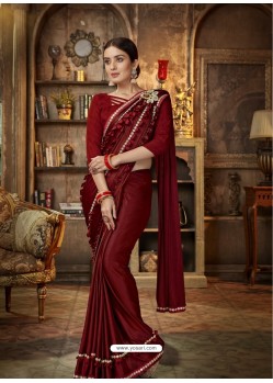 Maroon Party Wear Designer Satin Silk Embroidered Sari