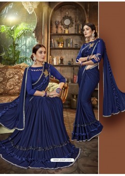 Dark Blue Party Wear Designer Satin Silk Embroidered Sari