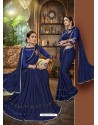 Dark Blue Party Wear Designer Satin Silk Embroidered Sari