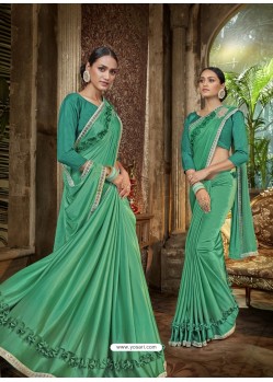 Jade Green Party Wear Designer Satin Silk Embroidered Sari