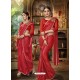 Red Party Wear Designer Satin Silk Embroidered Sari