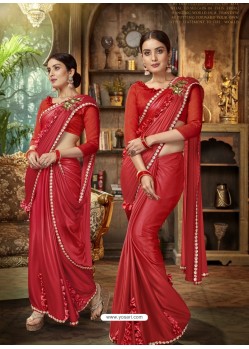 Red Party Wear Designer Satin Silk Embroidered Sari