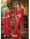 Red Party Wear Designer Satin Silk Embroidered Sari