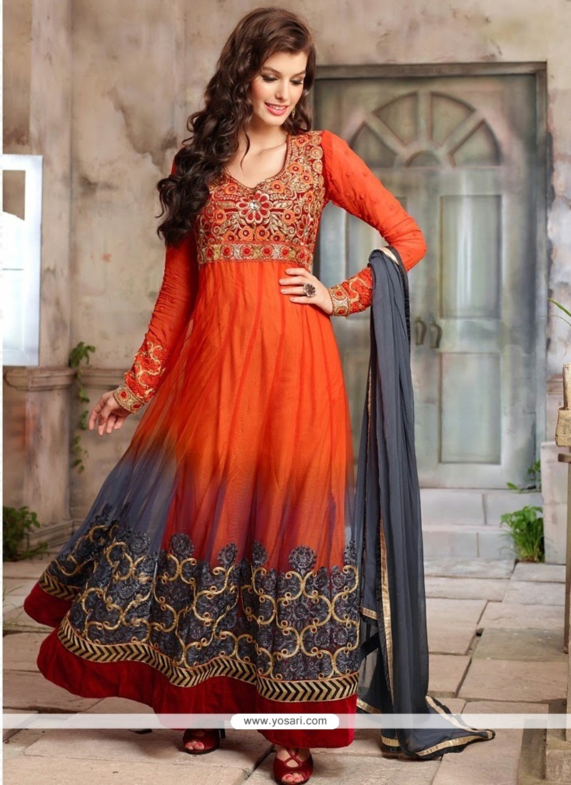 Breathtaking Orange And Grey Net Anarkali Suits