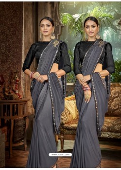 Grey Party Wear Designer Satin Silk Embroidered Sari