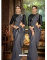 Grey Party Wear Designer Satin Silk Embroidered Sari