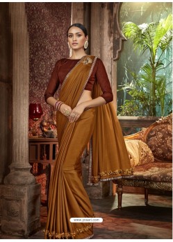 Marigold Party Wear Designer Satin Silk Embroidered Sari